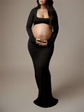 Black Cut Out Mermaid Crop Long Sleeve Backless Bodycon Cocktail Club Party Photoshoot Maternity Maxi Dress Maternity