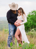 White 2 Pieces Ruched Drawstring Knot Side Slit Backless V-neck Baby Shower Photoshoot Maternity Maxi Dress Maternity