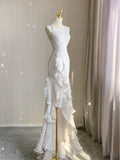 Mermaid Scoop Satin Night Party Dress White Long Prom Dresses SD1524