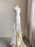 Mermaid Scoop Satin Night Party Dress White Long Prom Dresses SD1524 HZ0628