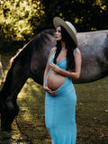 Blue Ruffle Falbala Bow Cut Out Sleeveless Cami Bodycon Maternity Maxi Dress Maternity