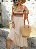 Shoulder Square Neck Tiered Midi Dress DJPT