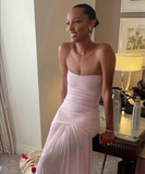 Mermaid Strapless Neckline Pink Long Chiffon Party Dresses Prom Dress SD2028 HZ0628