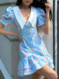 Print Button-Front Ruffle Hem Dress DJPT
