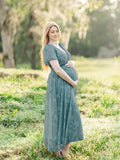Blue Floral Wrap Side Slit Big Swing Elegant Baby Moon Going Out Boho Maternity Photoshoot Baby Shower Maxi Dress Maternity