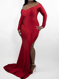 Off Shoulder Long Sleeve Slit Bodycon Solid Baby Shower Party Evening Gown Maternity Maxi Dress Maternity