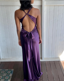 A-Line V Neckline Grape Satin Long Prom Dresses Formal Evening Dress SD1389 HZ0628