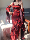 High Low Spaghetti Straps Floor Length Burgundy Flowers Prom Dresses Birthday Dress SD463