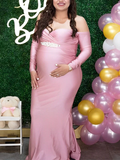 Pink Off Shoulder Long Sleeve High Split Bodycon Baby Shower Party Gown Pregnancy Maternity Maxi Dress Maternity