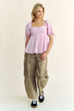 & Dani Solid Elastic Peplum Puffed Sleeves Blouse DJPT