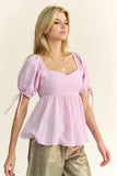 & Dani Solid Elastic Peplum Puffed Sleeves Blouse DJPT