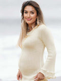 White Knit Pleated Tie Back Ruffle Falbala Frill Hem Backless Big Swing Elegant Cocktail Party Gown Maternity Photoshoot Baby Shower Maxi Dress Maternity