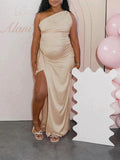 Apricot One Shoulder Backless Satin Side Slit Party Gown Baby Shower Maternity Maxi Dress Maternity