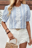 Detail Striped Round Neck Half Sleeve Blouse DJPT