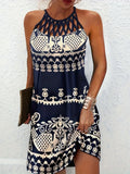 Leaf Print Halter Neck Mini Dress with Cutout Detail DJPT