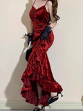 Mermaid Irregular Ruffled Spaghetti Straps Women's Burgundy Birthday Outfits Party Dresses SD458