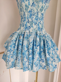 A line Strapless Sleeveless Blue Floral Party Dress Short Birthday Outfits SD380