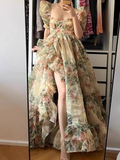 Princess Square Neckline Floral Green Long Ruffles Prom Dresses Birthday Dress SD578 HZ0628