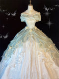 Ball Gown Sweetheart Satin Short Sleeves Long Evening Gown Prom Dresses SD1433 HZ0628