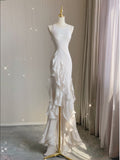 Mermaid Scoop Satin Night Party Dress White Long Prom Dresses SD1524 HZ0628