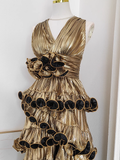 Sheath V Neckline Gold Ruffles Long Prom Dresses Birthday Outfits SD367