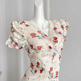 A line V Neckline Short Sleeves Pink Floral Dress Beach Holiday Dresses SD284