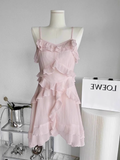 A Line Straps Ruffled Chiffon Pink Short Women's Holiday Dresses SD210