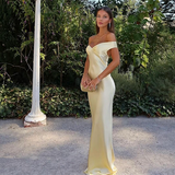 Mermaid Off The Shoulder Yellow Satin Long Evening Dress Prom Dresses SD2063 HZ0628