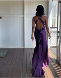 A-Line V Neckline Grape Satin Long Prom Dresses Formal Evening Dress SD1389 HZ0628