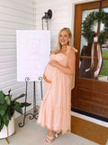 Light Pink Polka Dot Bow Ruffle Falbala Tie-Shoulder A-line Tulle Princess Dress Maxi Dress Maternity