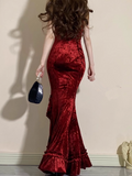 Mermaid Irregular Ruffled Spaghetti Straps Women's Burgundy Birthday Outfits Party Dresses SD458
