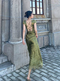 Mermaid V Neckline Short Sleeves Lace Green Floor Length Evening Dress Prom Dresses SD1604