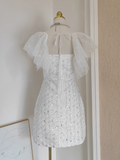 A line Square neckline Tulle White Sequin Party Dress Short Birthday Dresses With Beads SD378