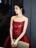 Mermaid Strapless Burgundy Floor Length Evening Dress Sequin Prom Dresses S3801