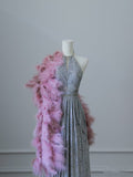 A Line Scoop Neckline Silver Sequin Long Prom Dresses Evening Gowns S3821