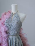 A Line Scoop Neckline Silver Sequin Long Prom Dresses Evening Gowns S3821