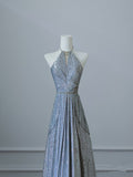 A Line Scoop Neckline Silver Sequin Long Prom Dresses Evening Gowns S3821