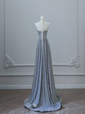 A Line Scoop Neckline Silver Sequin Long Prom Dresses Evening Gowns S3821