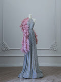 A Line Scoop Neckline Silver Sequin Long Prom Dresses Evening Gowns S3821