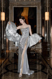Mermaid Spaghetti Straps Silver Sequin Long Prom Dresses Evening Gowns S3825
