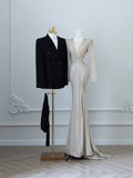 Mermaid V Neckline Silver Sequin Long Sleeves Prom Dresses Slit Evening Gowns S3830