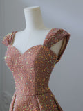 A line Straps Rose Pink Sequin Long Prom Dresses Evening Gowns S3832