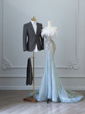 Mermaid Strapless Blue Sequin Long Prom Dresses Evening Gowns S3833