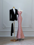 Mermaid Strapless Pink Sequin Long Prom Dresses Evening Gowns S3834