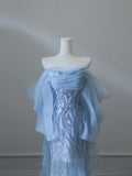Mermaid Off The Shoulder Blue Sequin Long Prom Dresses Evening Gowns S3847
