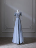 A line V Neckline Blue Sequin Long Prom Dresses Evening Gowns S3851