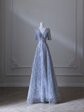 A line V Neckline Blue Sequin Long Prom Dresses Evening Gowns S3852