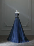 A line Strapless Navy Blue Tulle Long Prom Dresses Evening Gowns S3857