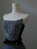 A line Strapless Navy Blue Tulle Long Prom Dresses Evening Gowns S3857