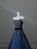 A line Strapless Navy Blue Tulle Long Prom Dresses Evening Gowns S3857